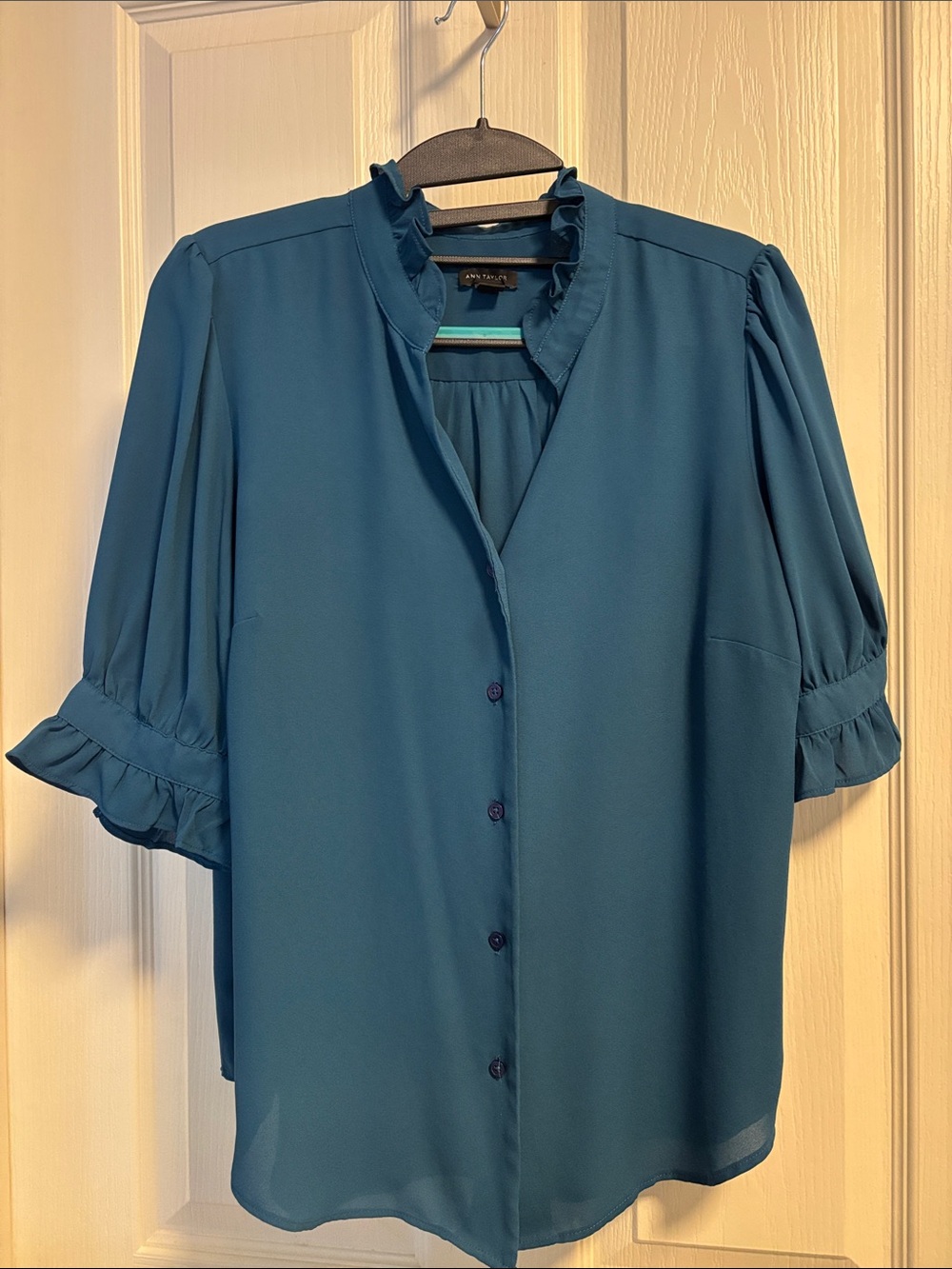 Ann Taylor Teal Ruffle-Trim Button Front Blouse